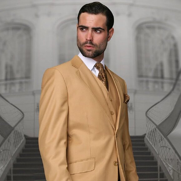 Mens Classic Fit Pleated Pant 2 Button Wool Suit in Camel - Picture 1 of 2